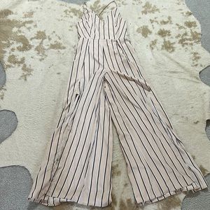 VICI dee elly beige w/ navy & white pinstripe open leg and strapped back romper